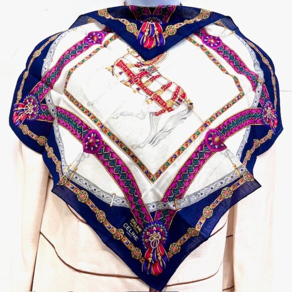 New Celine Paris Mini Scarf cotton/silk 20" beige blue horse bow logo (62) - Picture 1 of 10